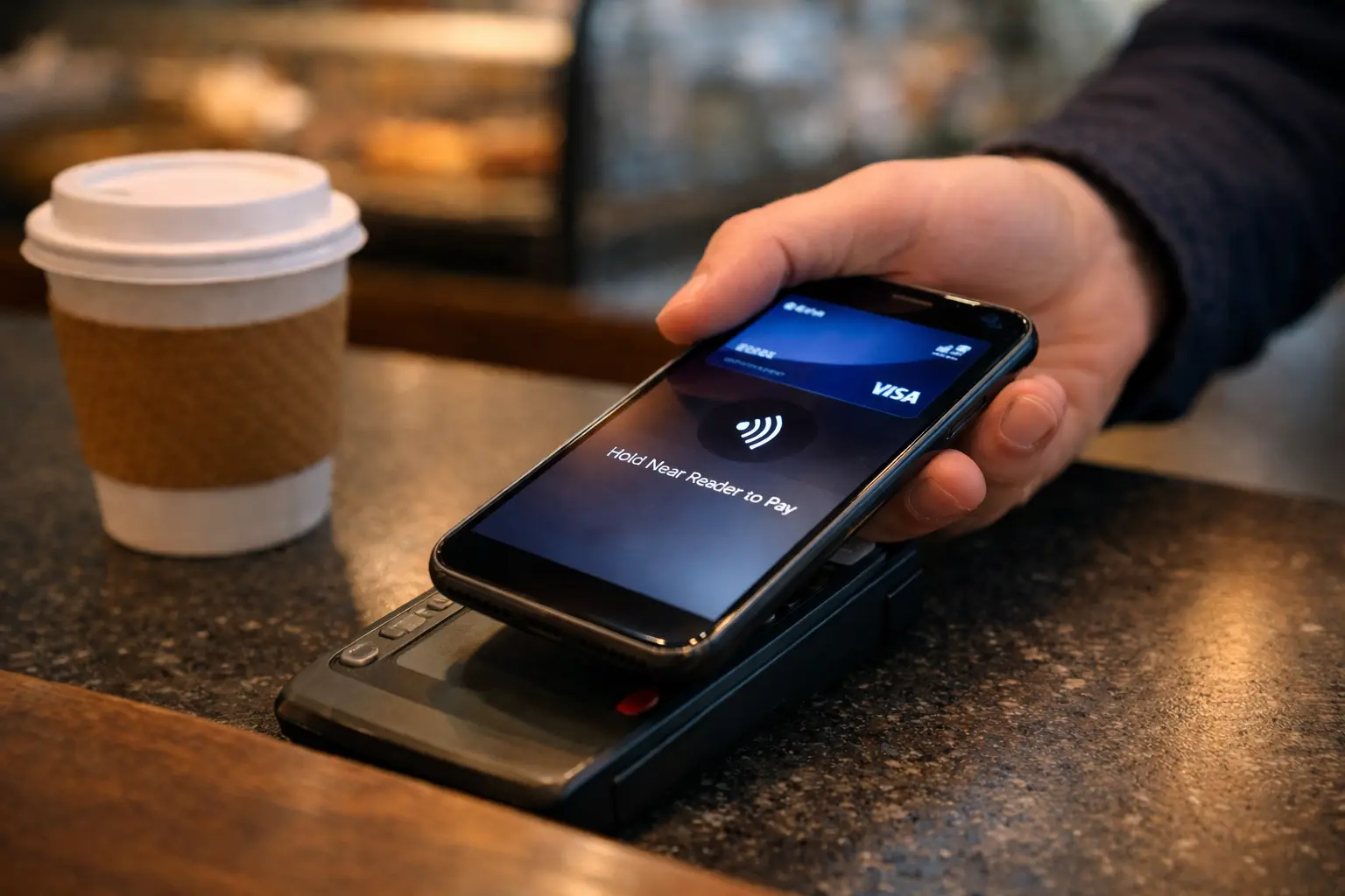 A person paying for coffee with their phone, illustrating impulsive spending and ADHD